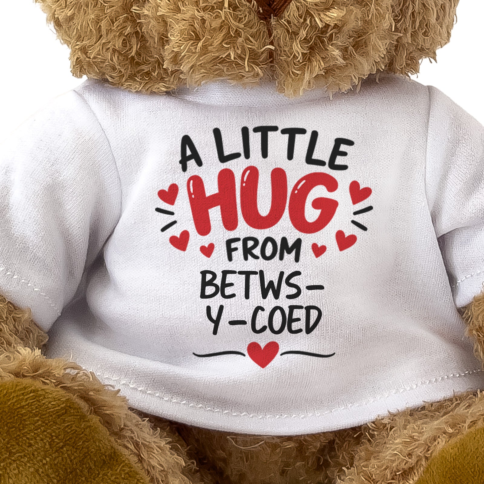 Close-up of the two-line A Little Hug From Betws-y-Coed T-shirt design