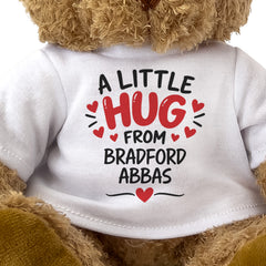 Close-up of the two-line A Little Hug From Bradford Abbas T-shirt design