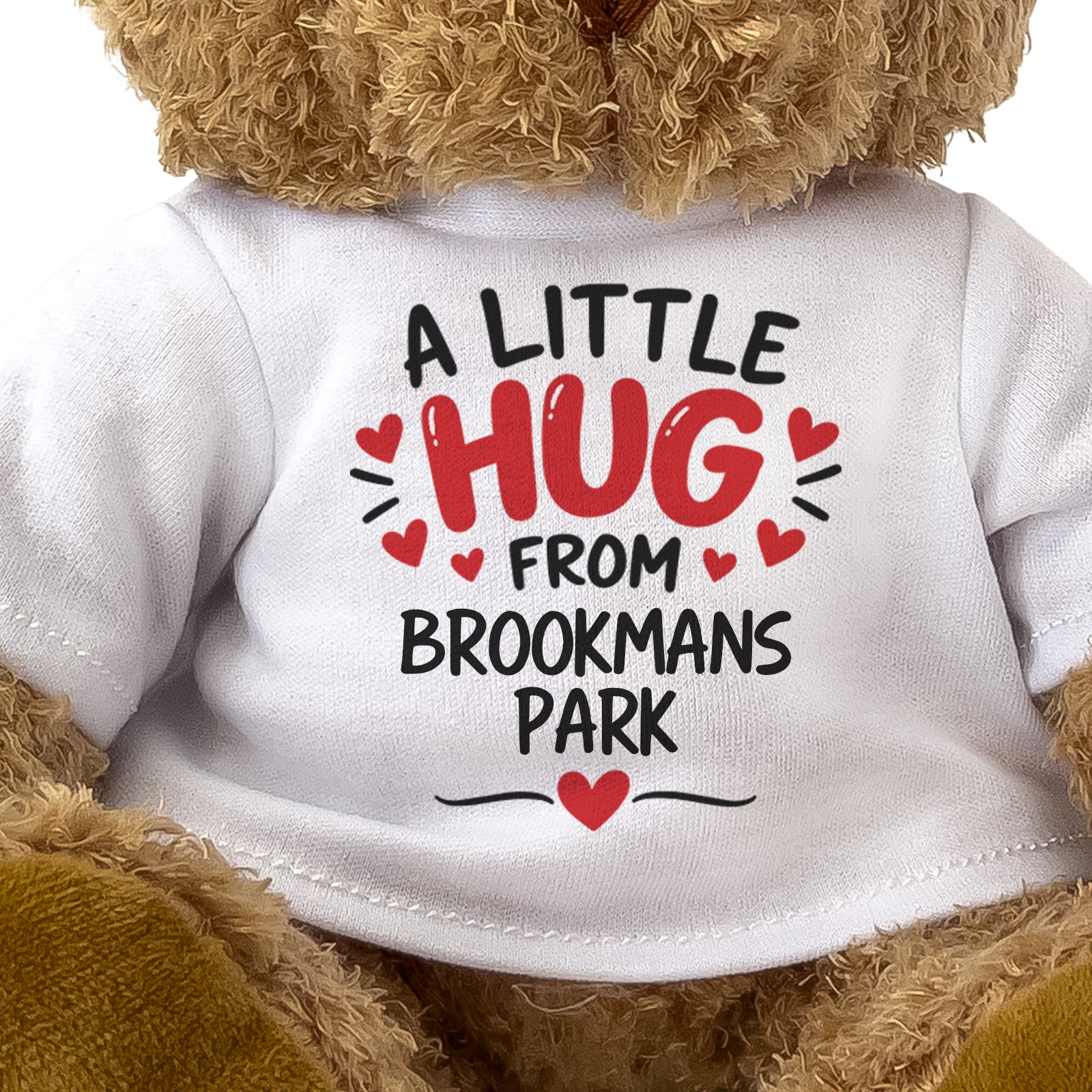 Close-up of the two-line A Little Hug From Brookmans Park T-shirt design