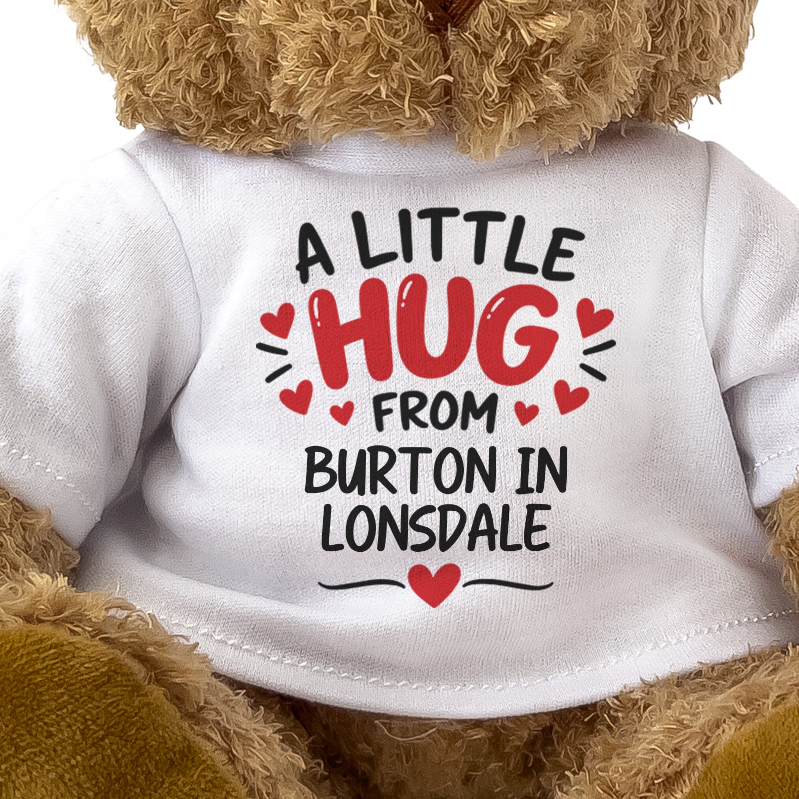 Close-up of the two-line A Little Hug From Burton in Lonsdale T-shirt design