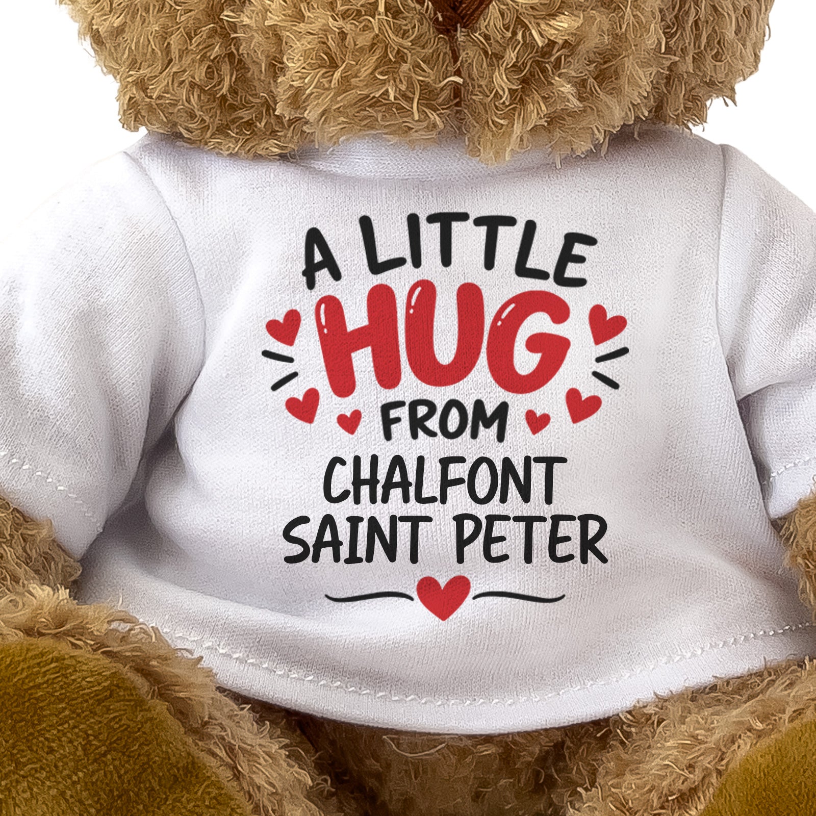 Close-up of the two-line A Little Hug From Chalfont Saint Peter T-shirt design