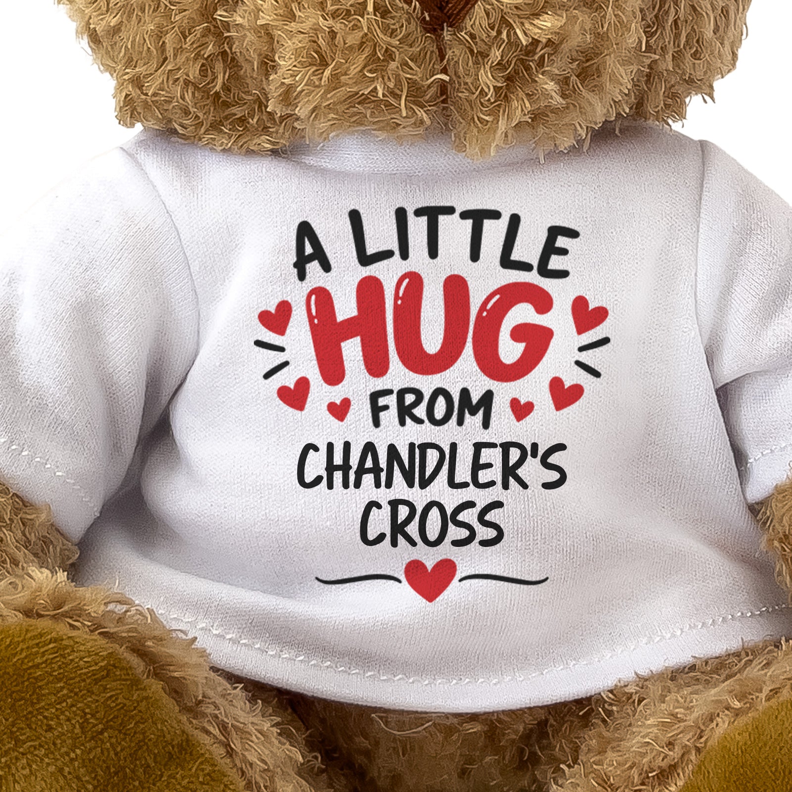 Close-up of the two-line A Little Hug From Chandler's Cross T-shirt design