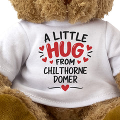 Close-up of the two-line A Little Hug From Chilthorne Domer T-shirt design