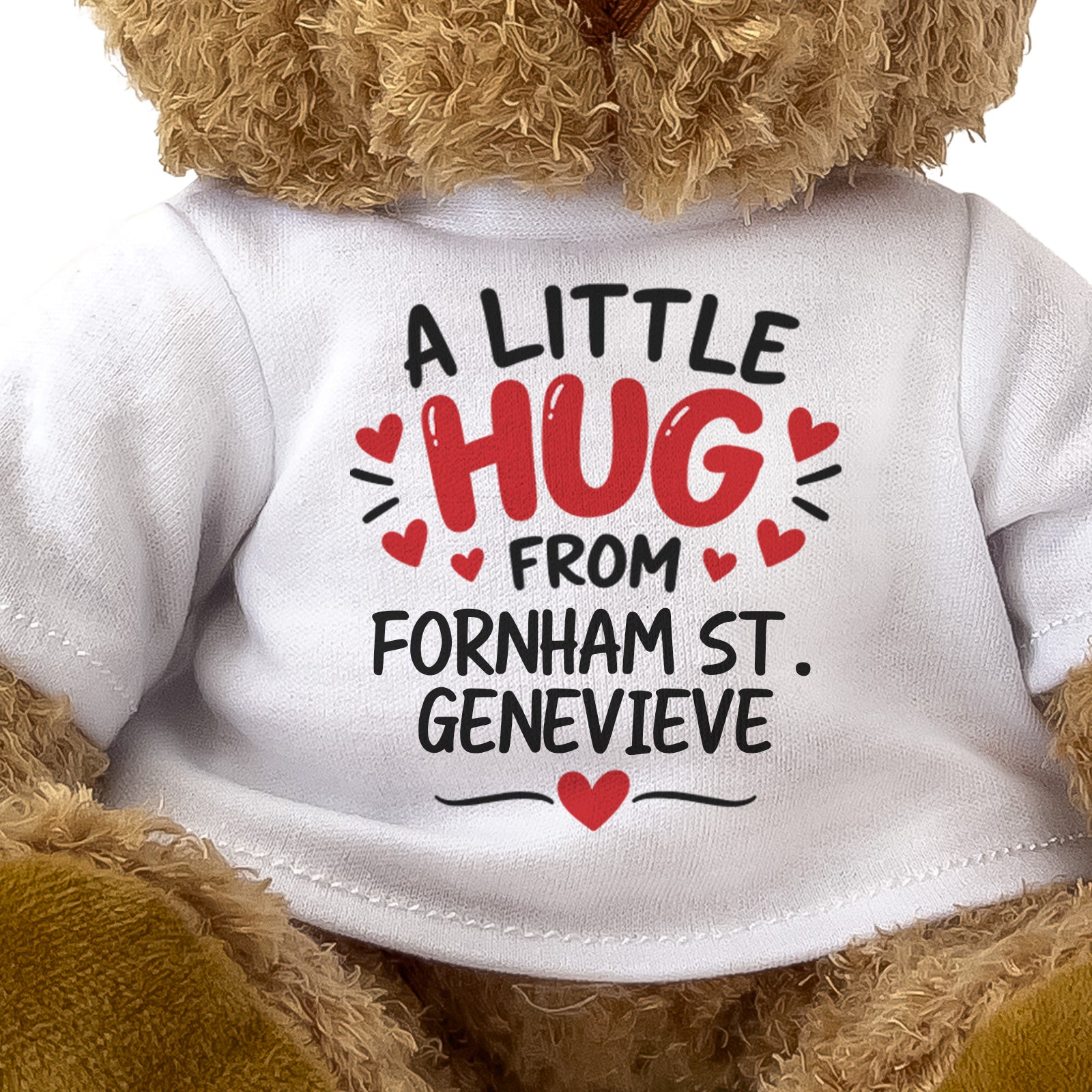 Close-up of the two-line A Little Hug From Fornham St. Genevieve T-shirt design