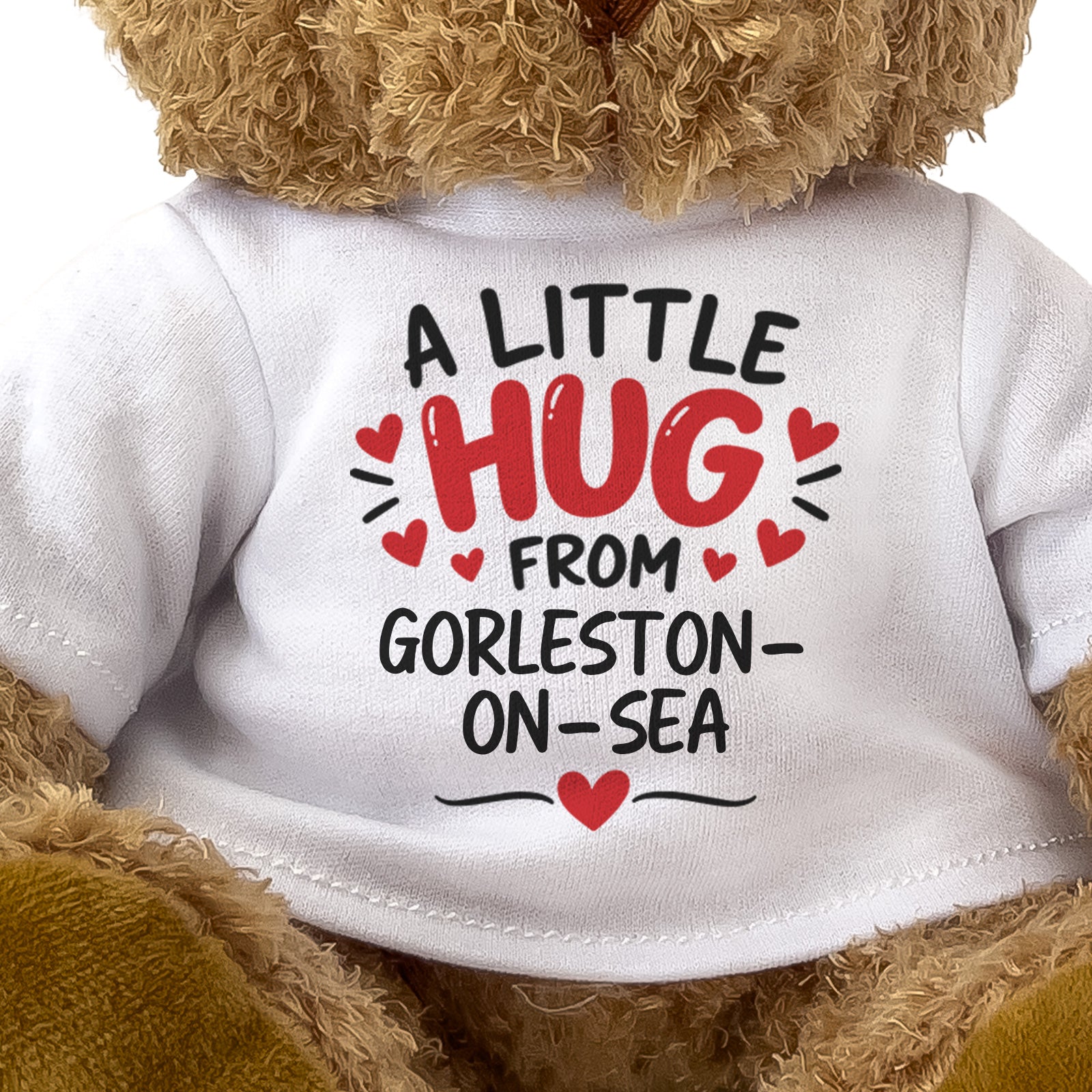 Close-up of the two-line A Little Hug From Gorleston-on-Sea T-shirt design