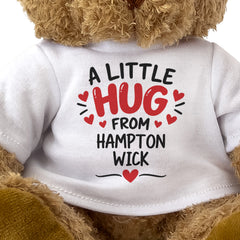 Close-up of the two-line A Little Hug From Hampton Wick T-shirt design