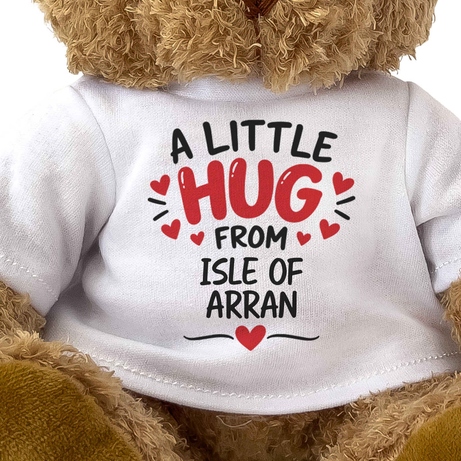Close-up of the two-line A Little Hug From Isle of Arran T-shirt design