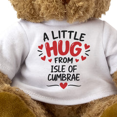 Close-up of the two-line A Little Hug From Isle of Cumbrae T-shirt design