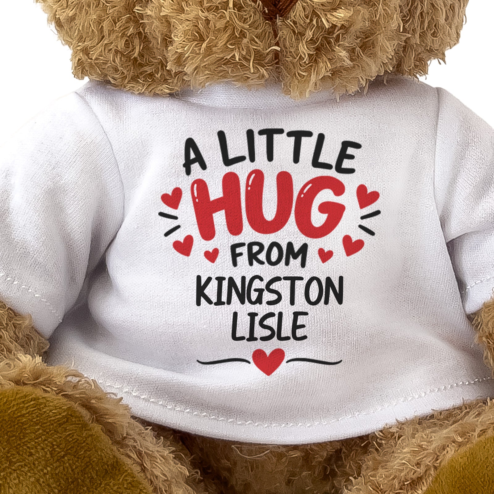 Close-up of the two-line A Little Hug From Kingston Lisle T-shirt design