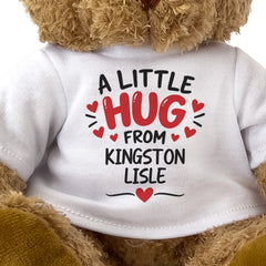 Close-up of the two-line A Little Hug From Kingston Lisle T-shirt design