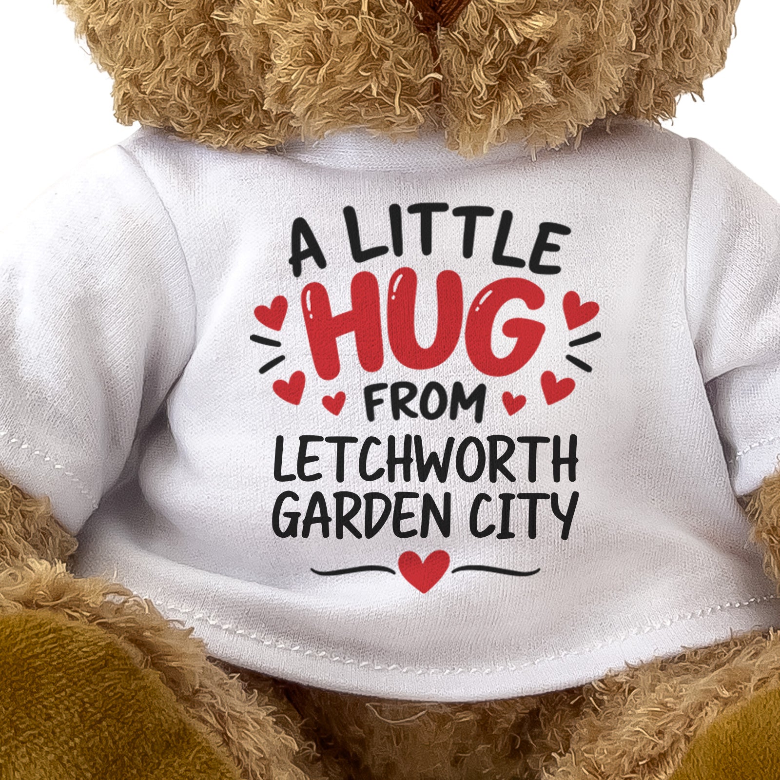Close-up of the two-line A Little Hug From Letchworth Garden City T-shirt design