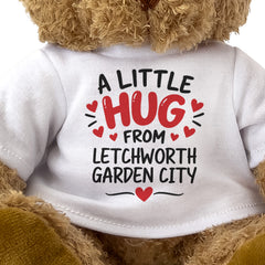Close-up of the two-line A Little Hug From Letchworth Garden City T-shirt design