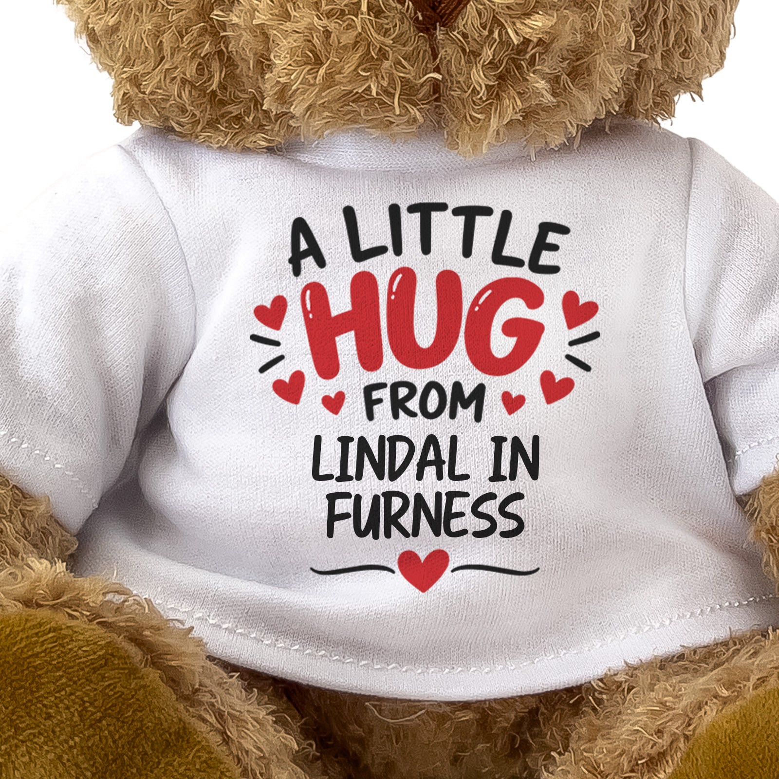 Close-up of the two-line A Little Hug From Lindal in Furness T-shirt design