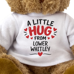 Close-up of the two-line A Little Hug From Lower Whitley T-shirt design