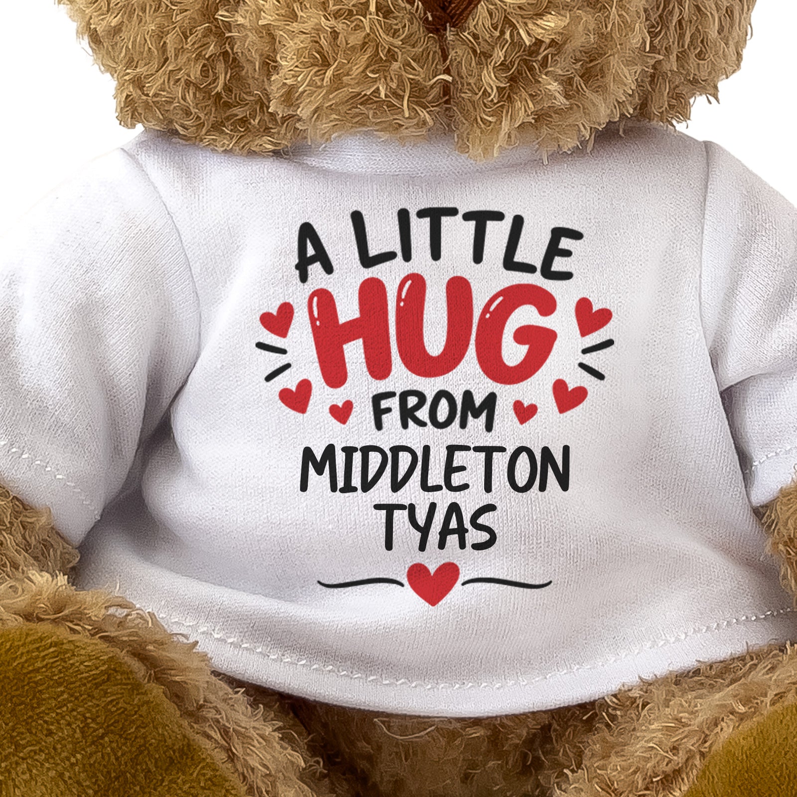 Close-up of the two-line A Little Hug From Middleton Tyas T-shirt design