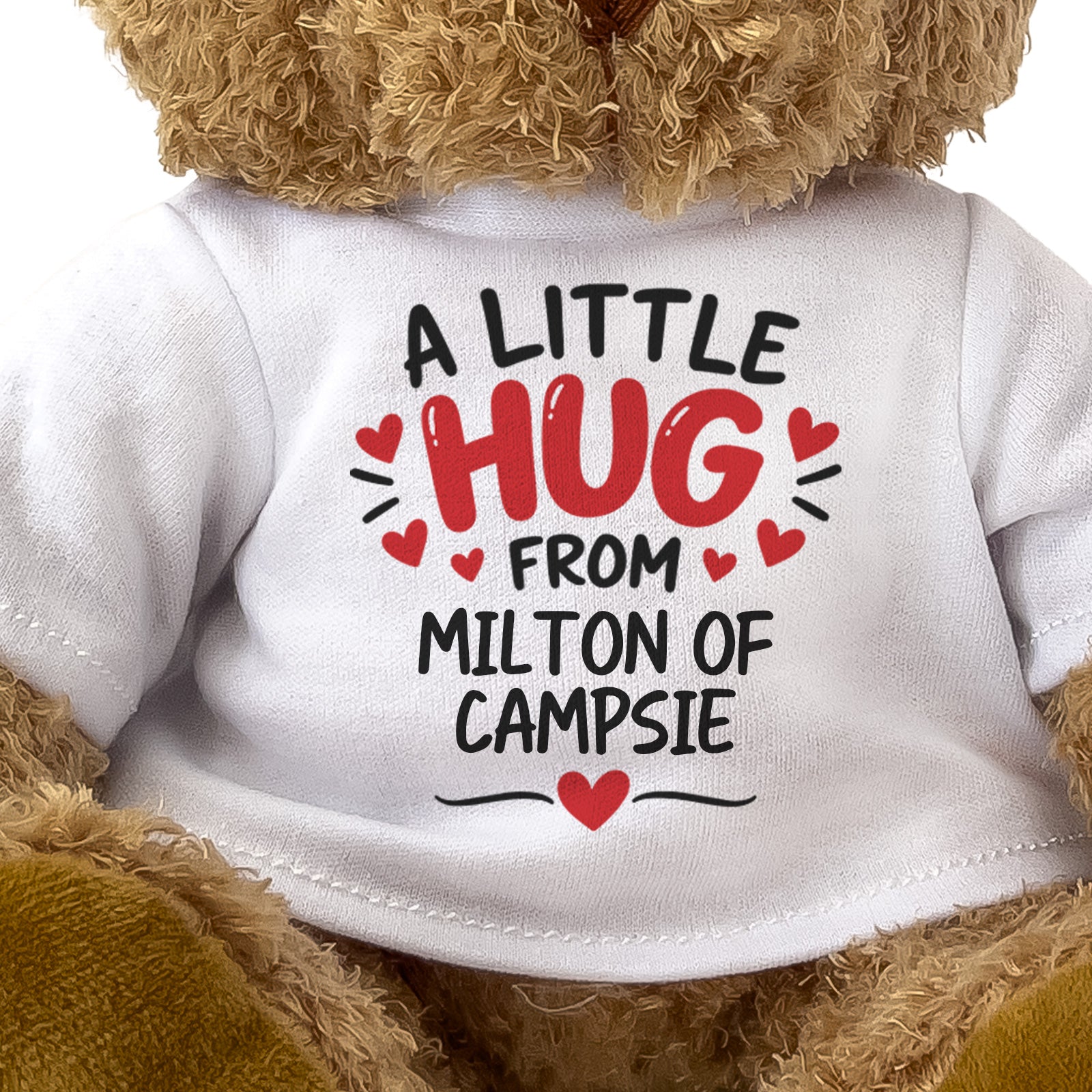 Close-up of the two-line A Little Hug From Milton of Campsie T-shirt design