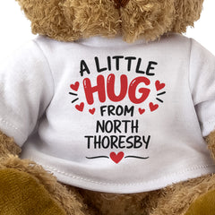 Close-up of the two-line A Little Hug From North Thoresby T-shirt design