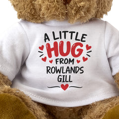 Close-up of the two-line A Little Hug From Rowlands Gill T-shirt design