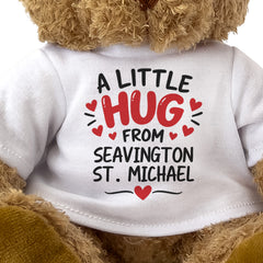 Close-up of the two-line A Little Hug From Seavington st. Michael T-shirt design