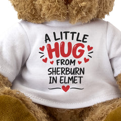 Close-up of the two-line A Little Hug From Sherburn in Elmet T-shirt design