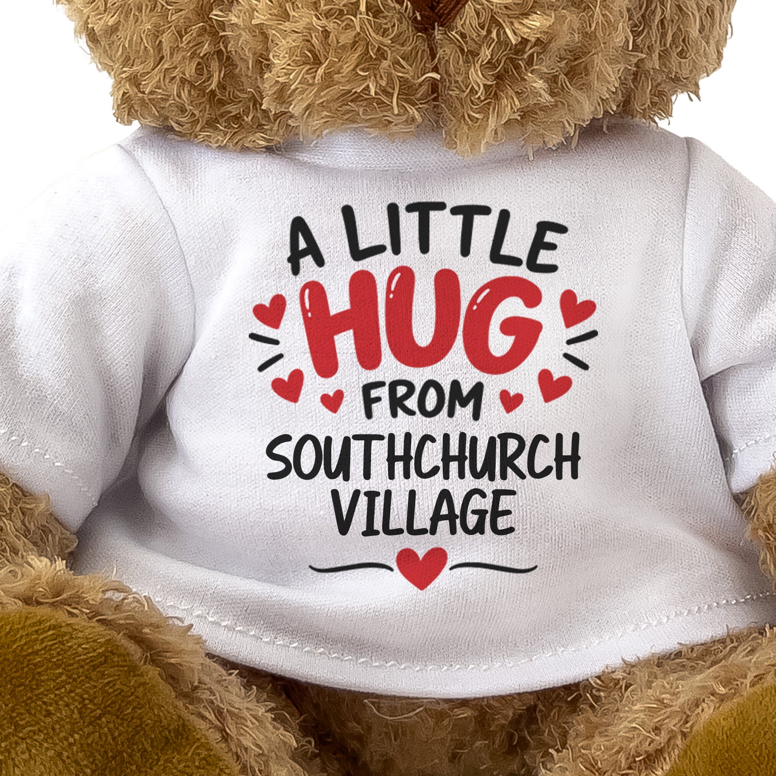 Close-up of the two-line A Little Hug From Southchurch Village T-shirt design