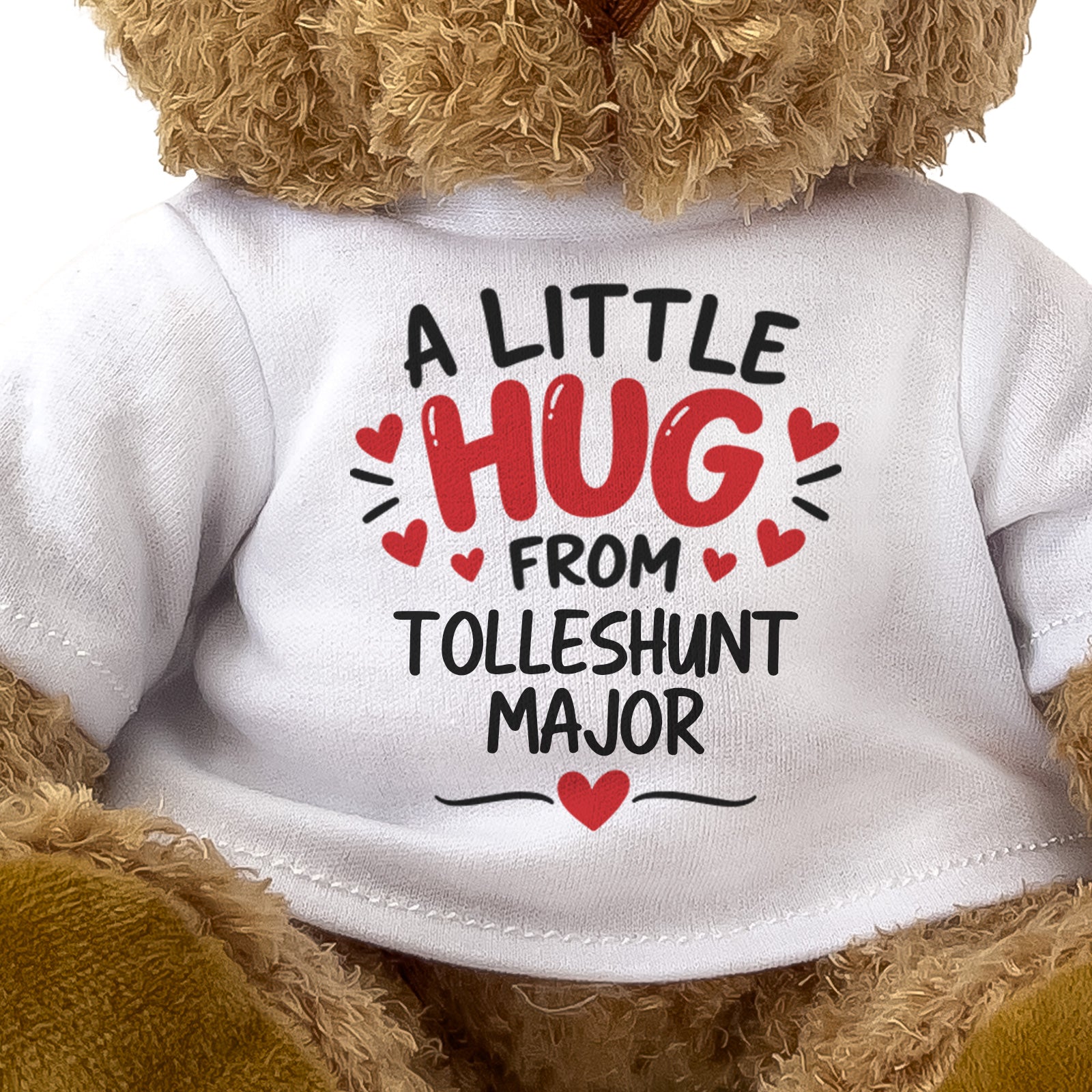 Close-up of the two-line A Little Hug From Tolleshunt Major T-shirt design