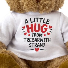 Close-up of the two-line A Little Hug From Trebarwith Strand T-shirt design