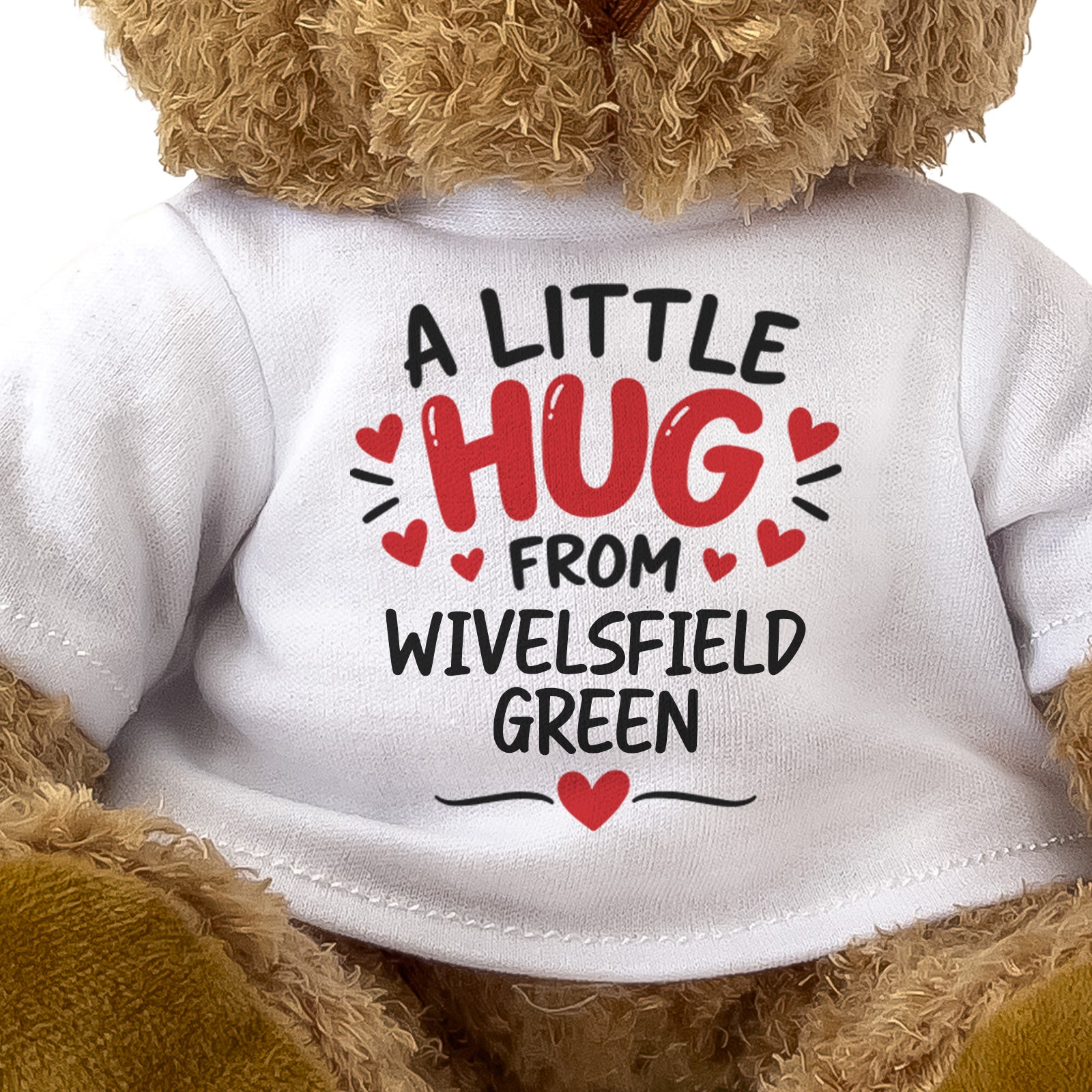 Close-up of the two-line A Little Hug From Wivelsfield Green T-shirt design