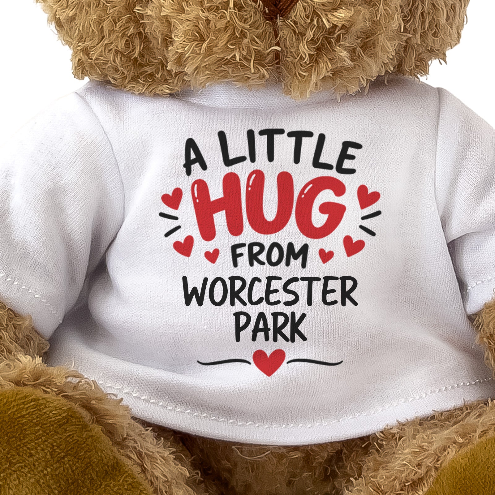 Close-up of the two-line A Little Hug From Worcester Park T-shirt design