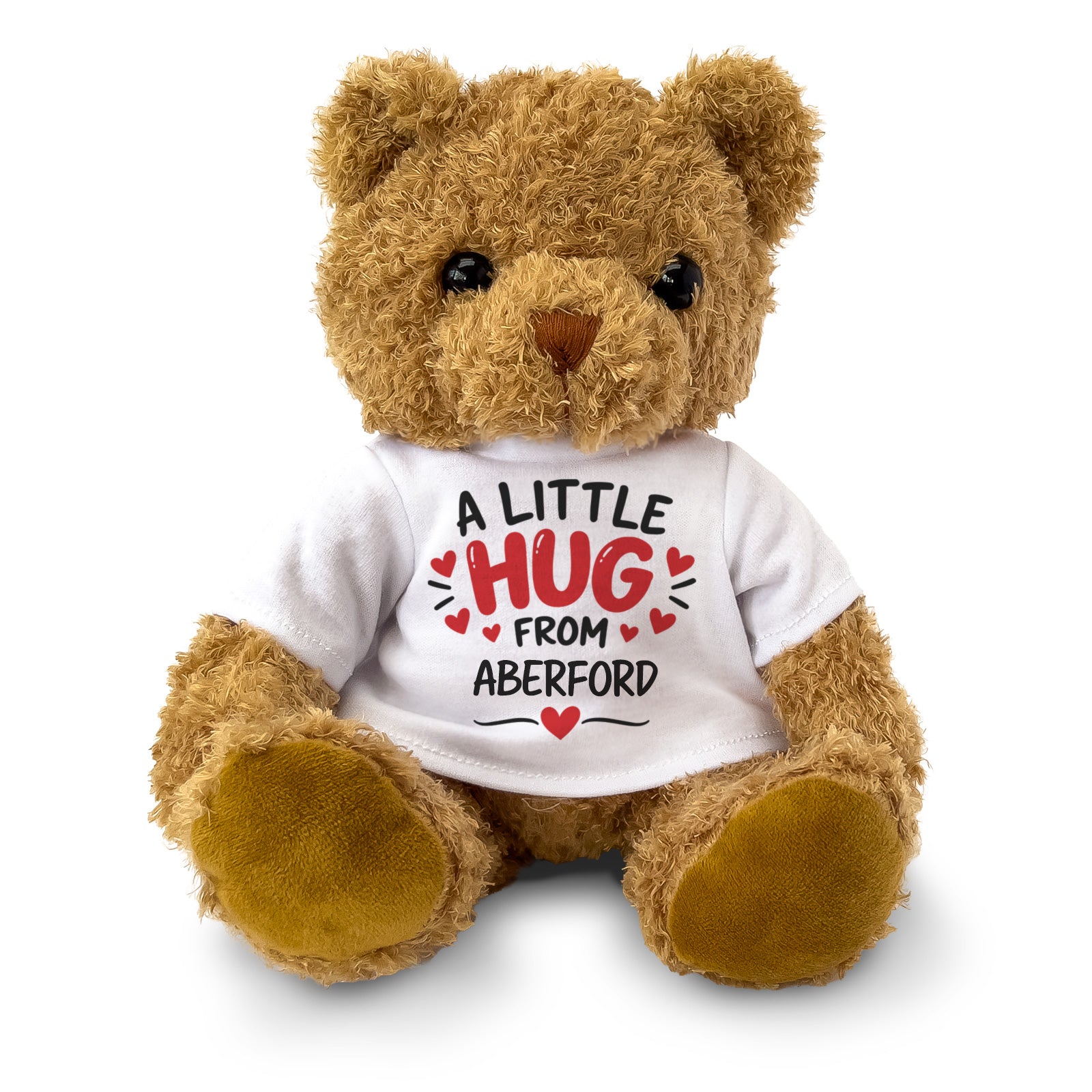 Brown teddy bear wearing an A Little Hug From Aberford T-shirt