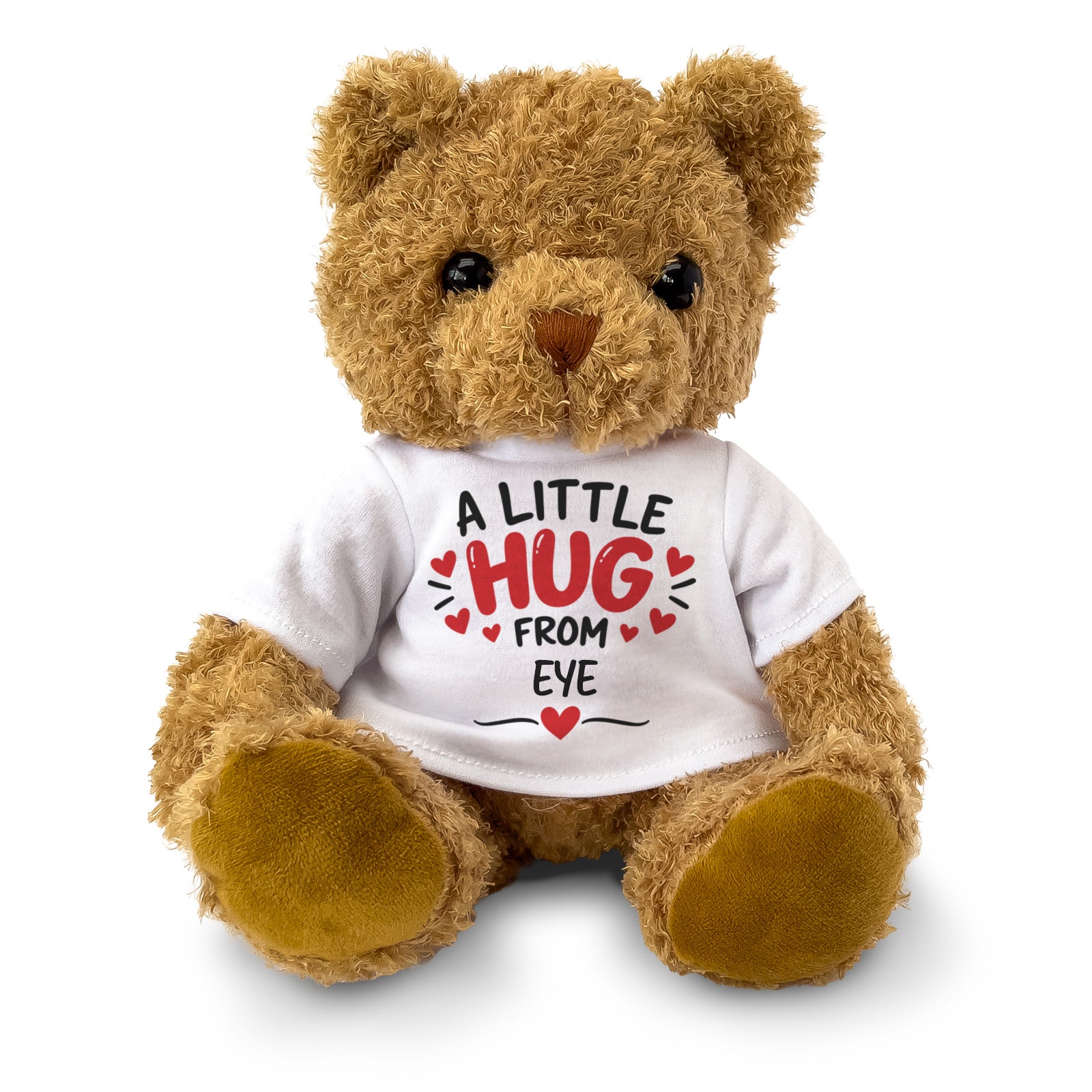 Brown teddy bear wearing an A Little Hug From Eye T-shirt