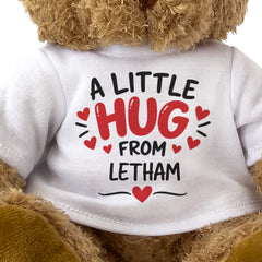 Close-up of the A Little Hug From Letham T-shirt design