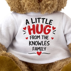 Close-up of the A Little Hug From The Knowles Family T-shirt design
