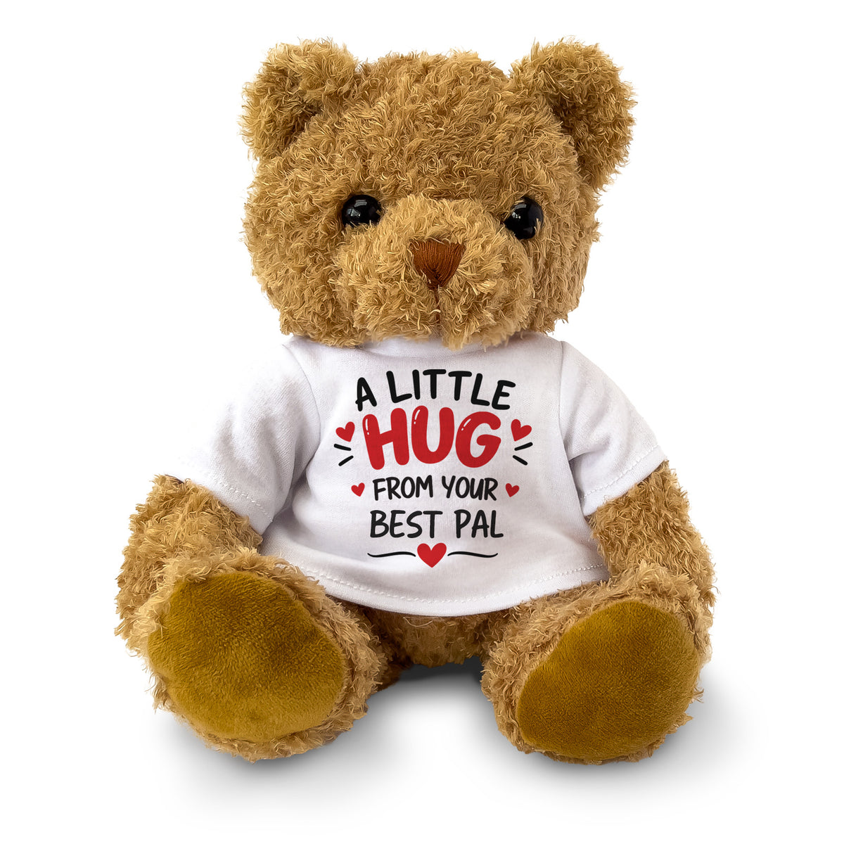 Brown teddy bear wearing an A Little Hug From Your Best Pal T-shirt