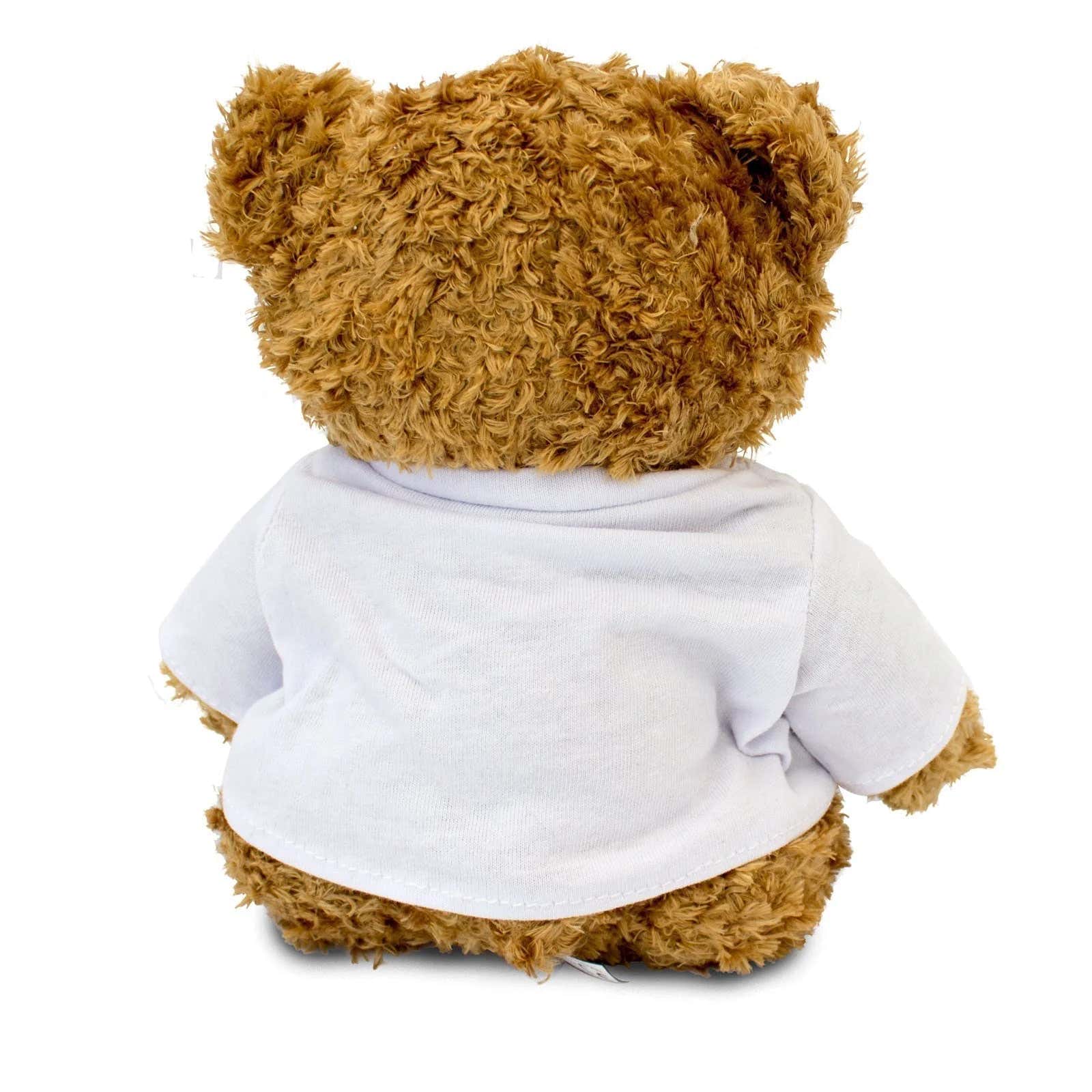 Back view of the brown teddy bear wearing a plain white T-shirt
