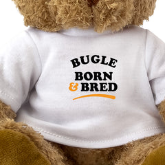 Close-up of the Bugle Born and Bred T-shirt design