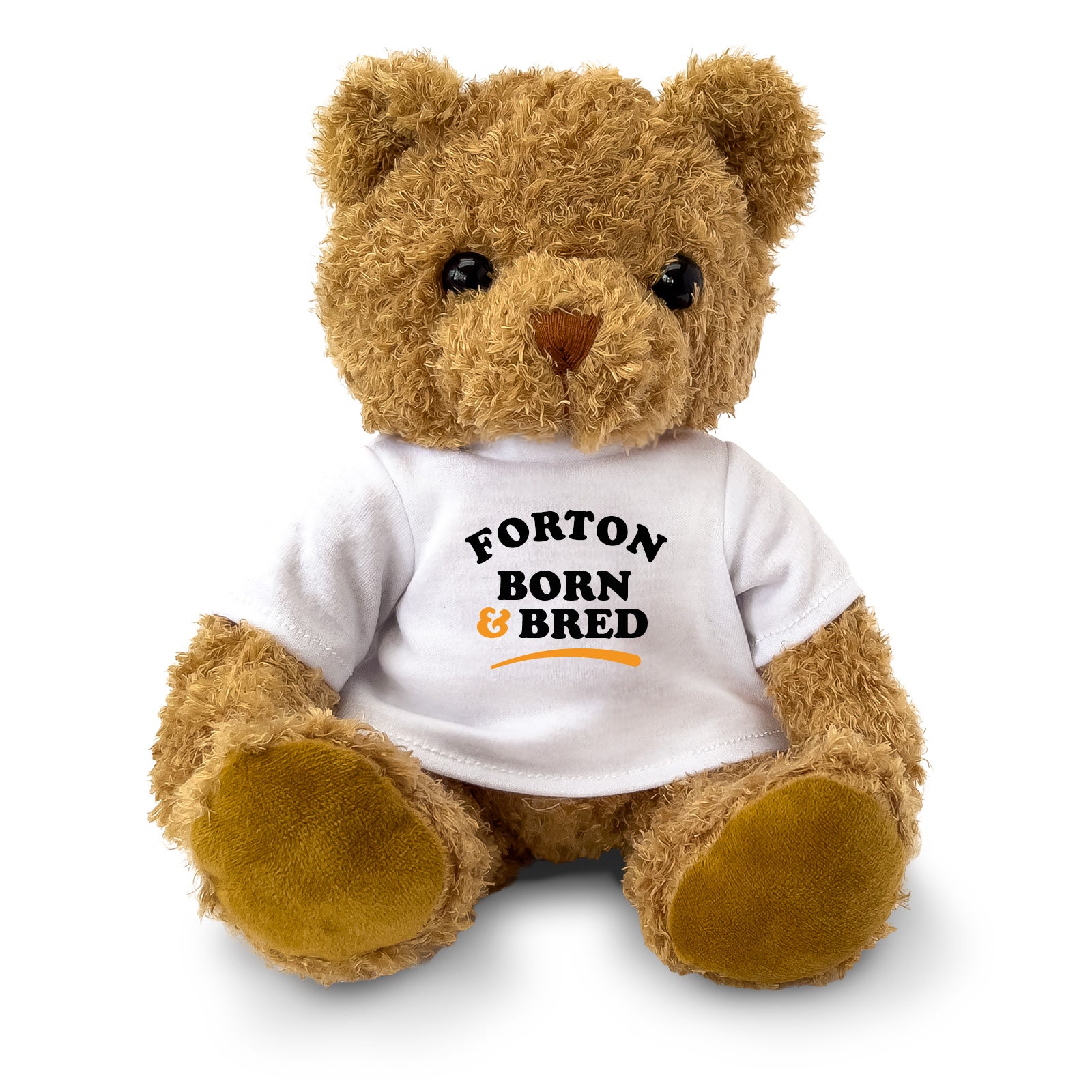 Brown teddy bear wearing a Forton Born and Bred T-shirt