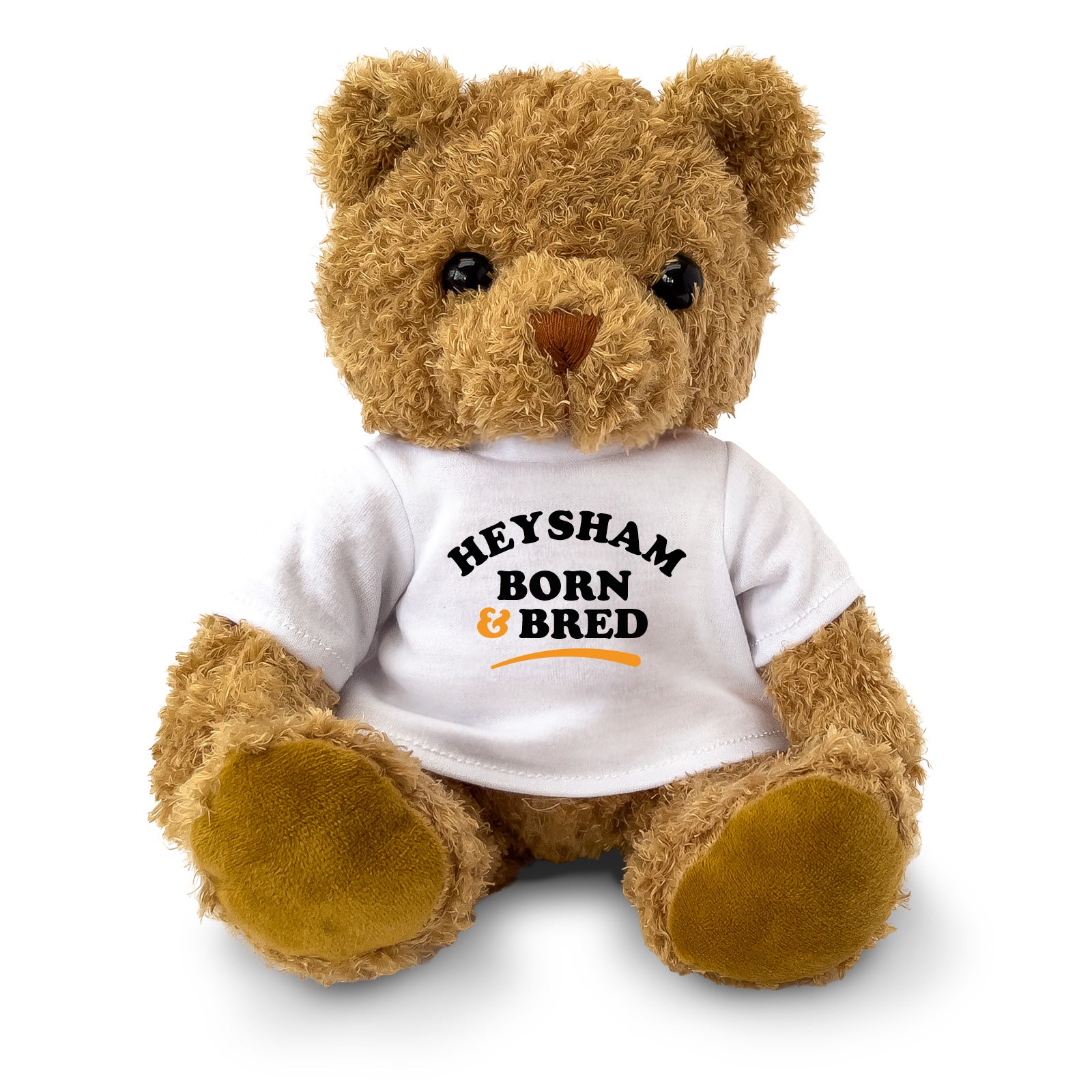 Brown teddy bear wearing a Heysham Born and Bred T-shirt