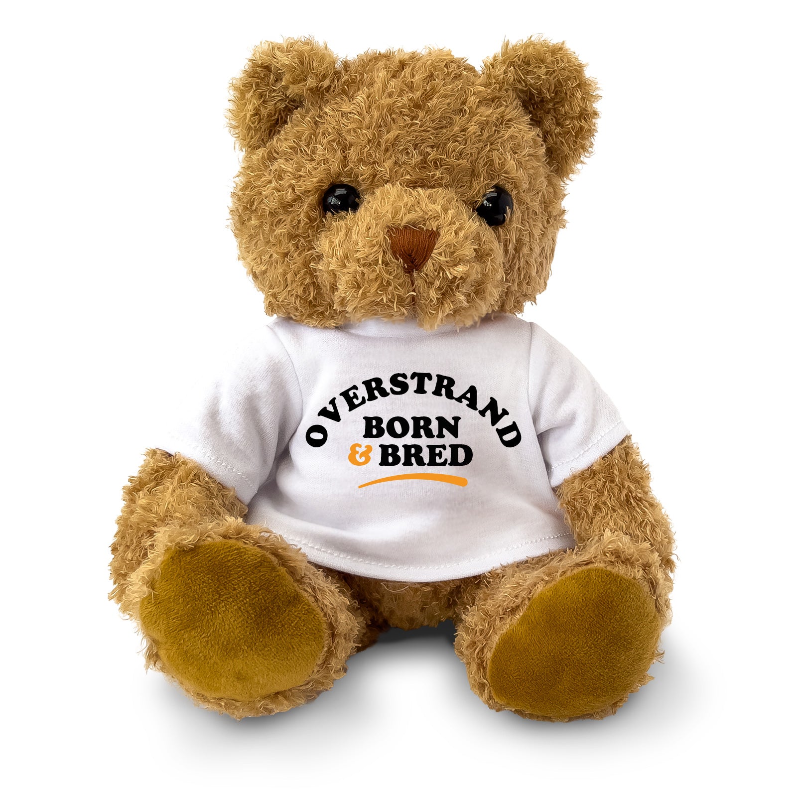 Brown teddy bear wearing a Overstrand Born and Bred T-shirt
