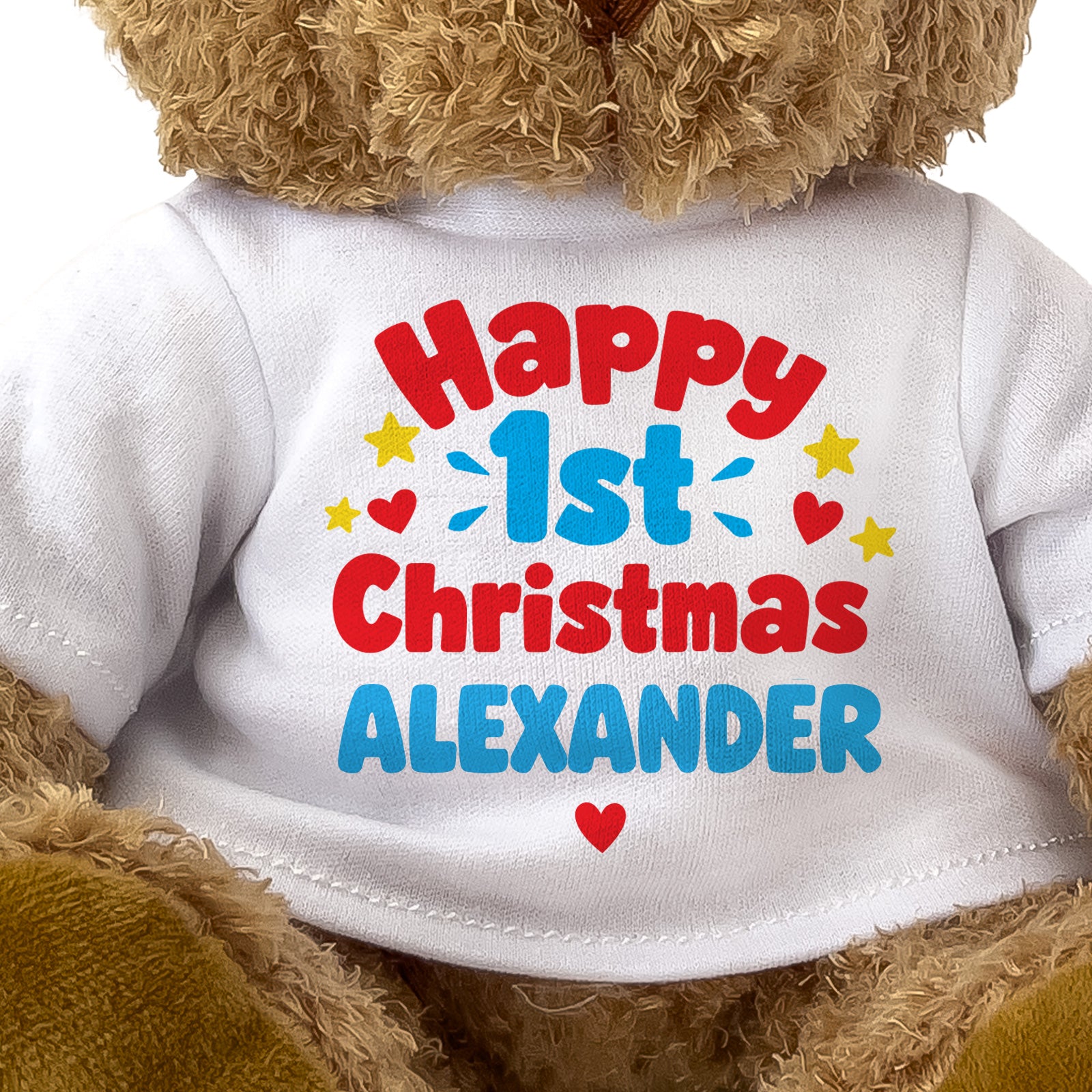 Closeup of the Happy 1st Christmas Alexander T-shirt design