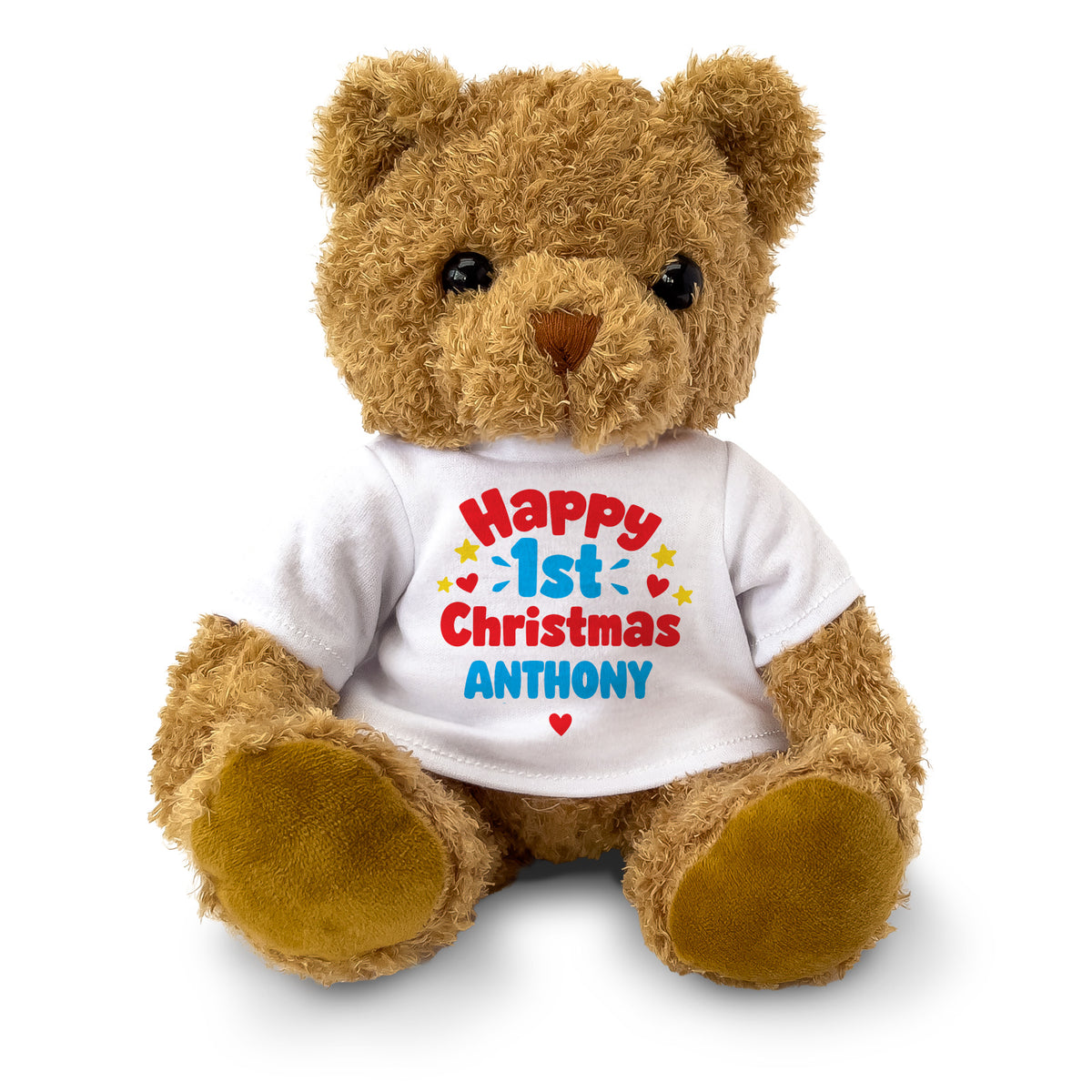 Happy 1st Christmas Anthony personalised brown teddy bear with a white T-shirt