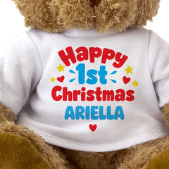 Closeup of the Happy 1st Christmas Ariella T-shirt design