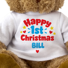 Closeup of the Happy 1st Christmas Bill T-shirt design