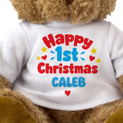 Closeup of the Happy 1st Christmas Caleb T-shirt design