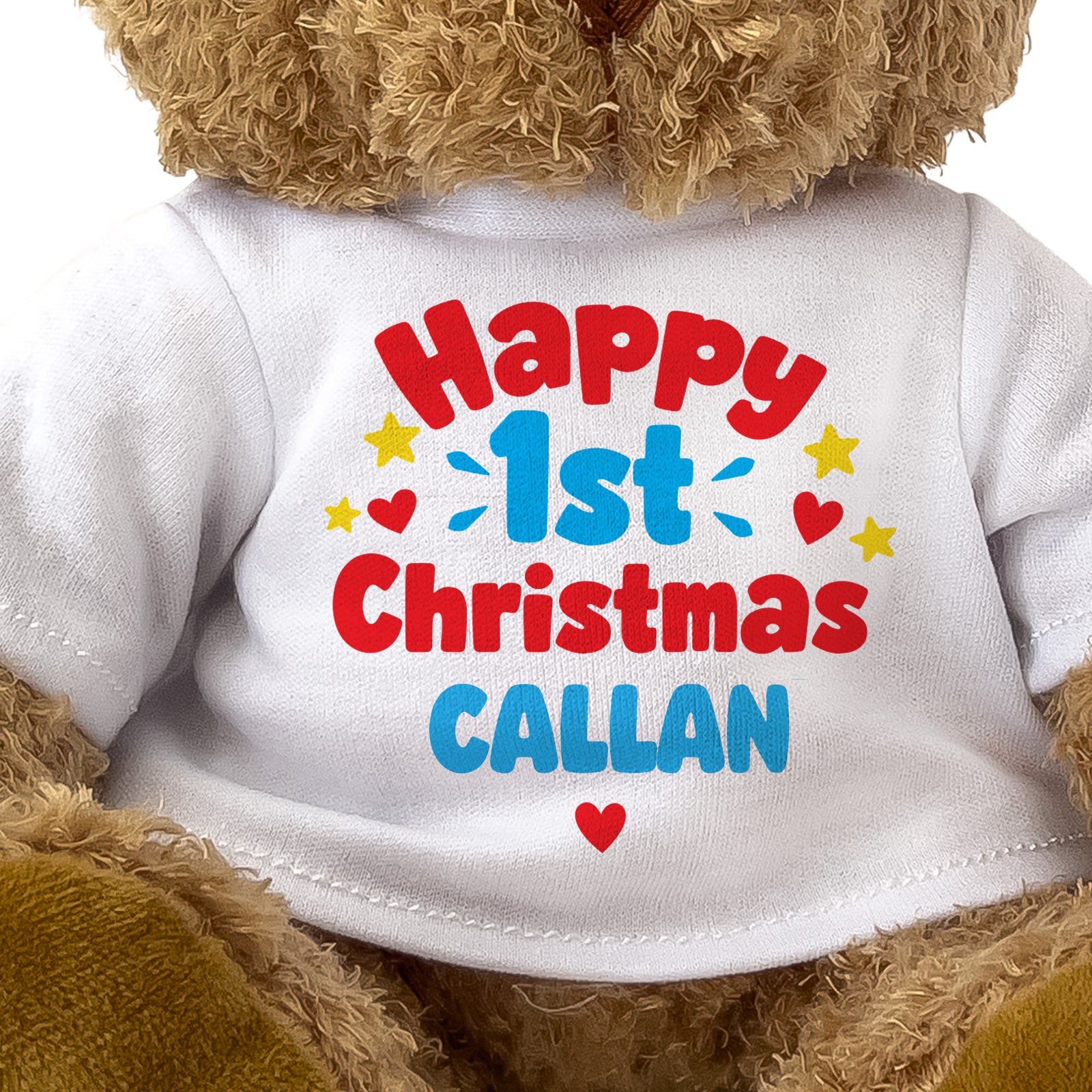 Closeup of the Happy 1st Christmas Callan T-shirt design