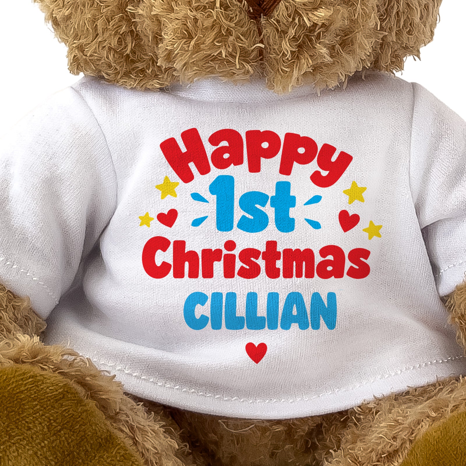 Closeup of the Happy 1st Christmas Cillian T-shirt design