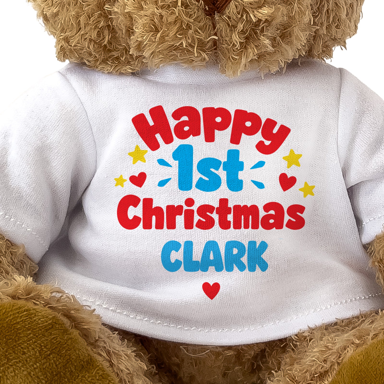 Closeup of the Happy 1st Christmas Clark T-shirt design