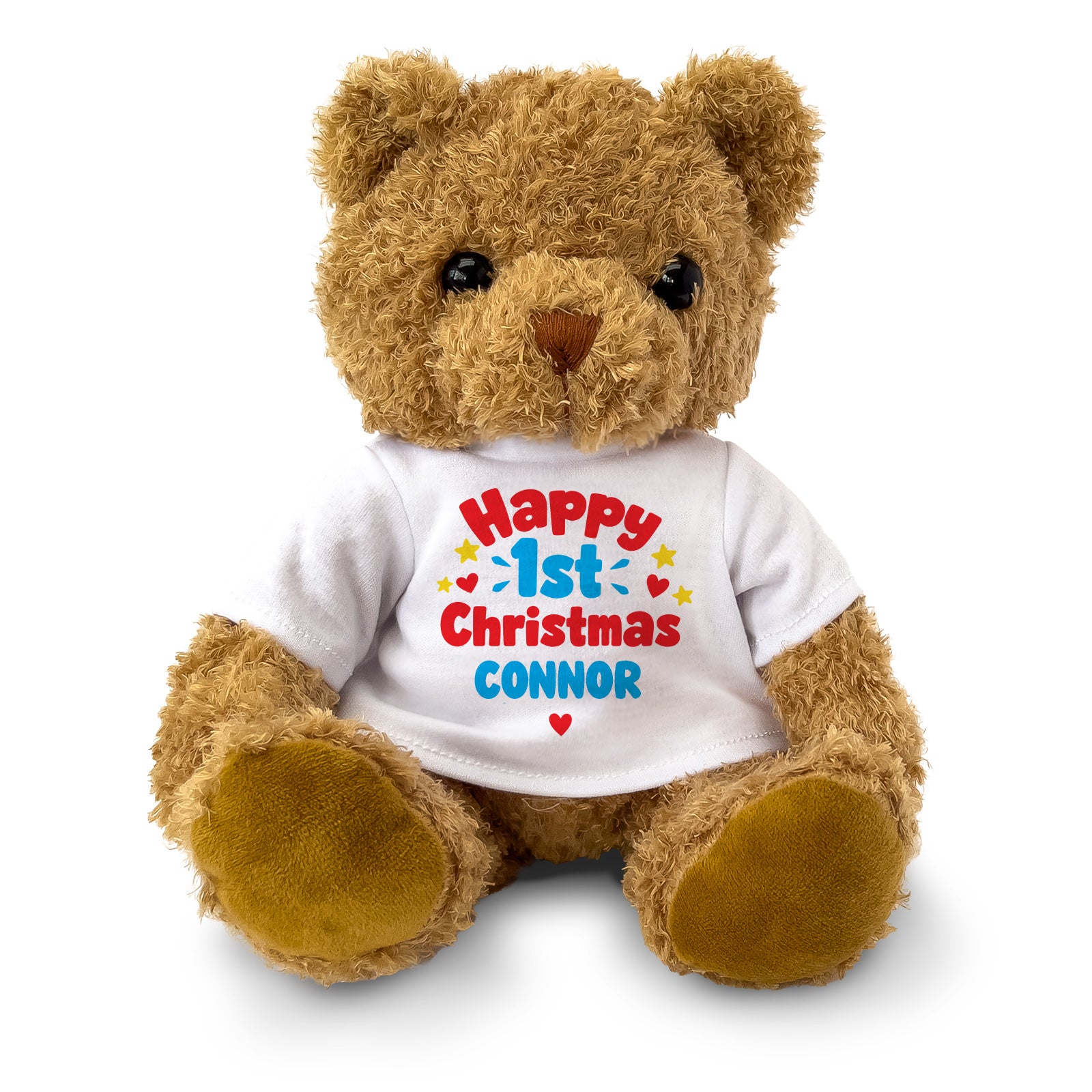 Happy 1st Christmas Connor personalised brown teddy bear with a white T-shirt