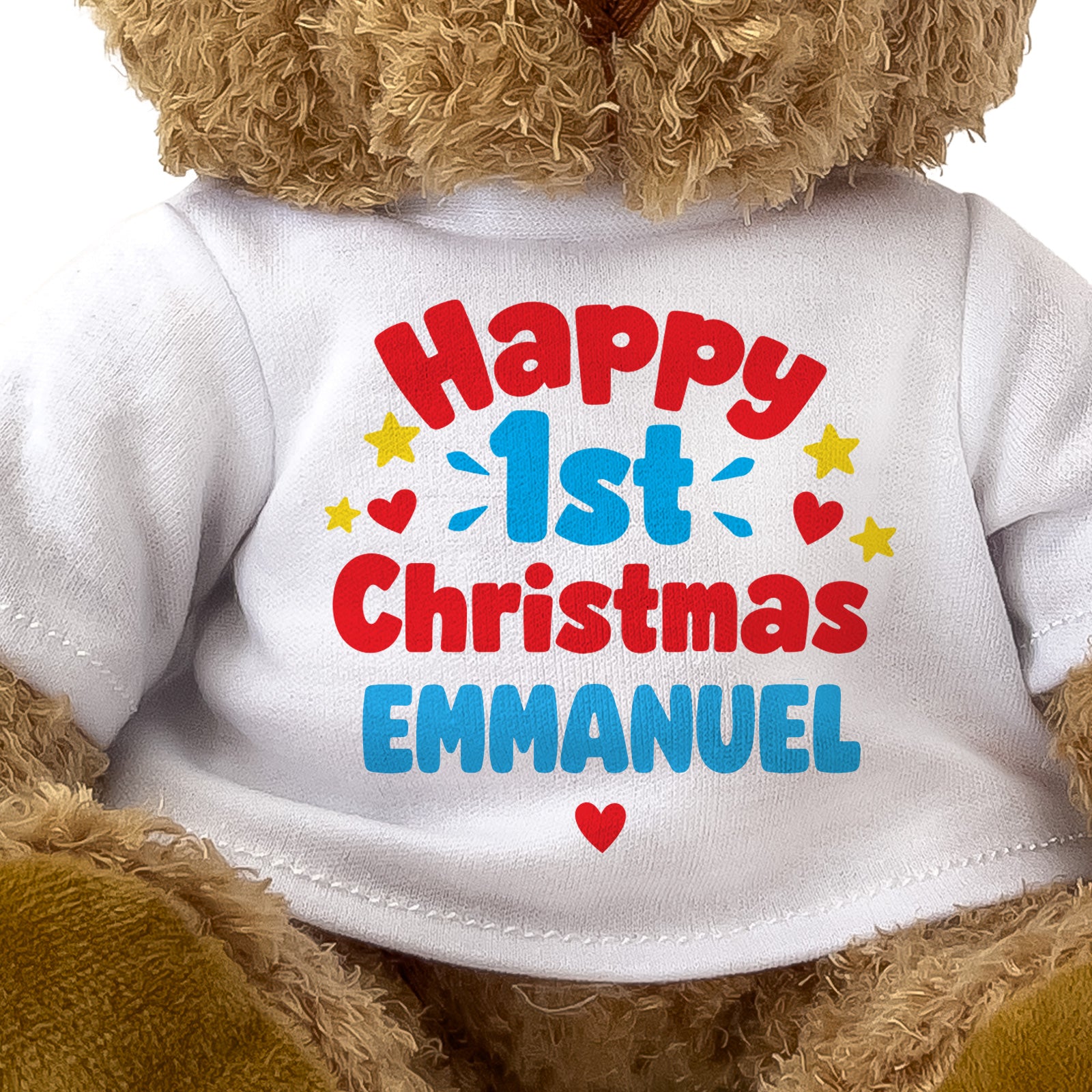 Closeup of the Happy 1st Christmas Emmanuel T-shirt design