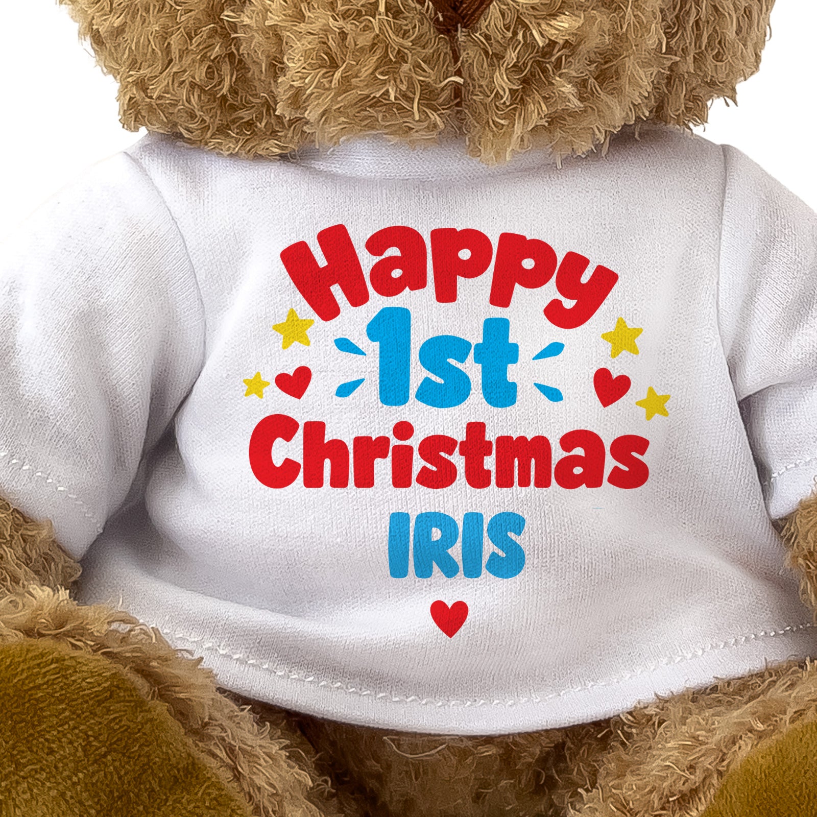 Closeup of the Happy 1st Christmas Iris T-shirt design